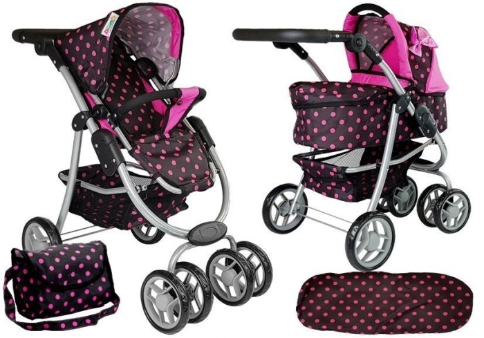 Carucior pentru papusi, negru cu buline roz, 2 in 1, LeanToys, 7706