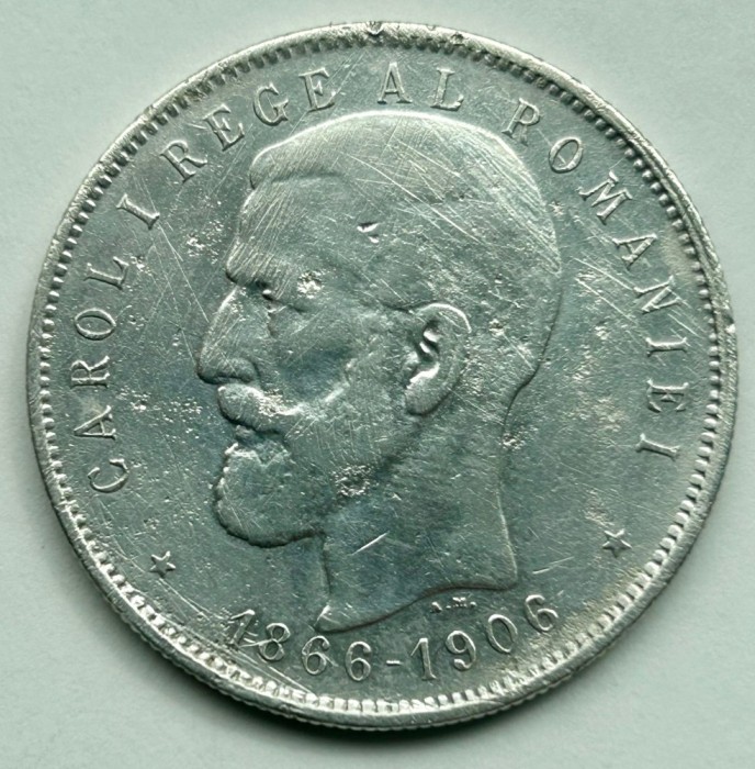 5 lei 1906 Moneda Mare Argint Centenar Regele Carol I 40 ani de domnie, 25 grame