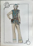 Colaj și tehnica mixtă pe carton, design Maya ȚUȚUI, Casa de Modă M.I.U., 30 x 21 cm, modă rom&acirc;nească, schiță 1 vestimentară