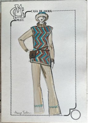 Colaj și tehnica mixtă pe carton, design Maya ȚUȚUI, Casa de Modă M.I.U., 30 x 21 cm, modă rom&amp;acirc;nească, schiță 1 vestimentară foto