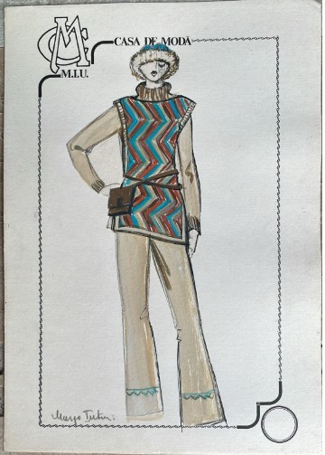 Colaj și tehnica mixtă pe carton, design Maya ȚUȚUI, Casa de Modă M.I.U., 30 x 21 cm, modă rom&acirc;nească, schiță 1 vestimentară