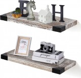 Set de 2 rafturi de perete Qilicz, lemn, maro/negru, 40 &times; 18 &times; 2,5 cm
