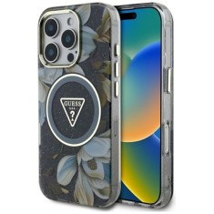 Husa pentru iPhone 16 Pro Max - Guess IML Metal Glitter Flowers Triangle MagSafe (GUHMP16XHFLPEDK) - Black