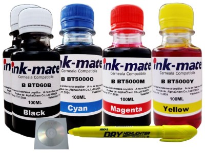 Set Cerneala Ink-Mate Compatibil Brother 2x100ml BTD60BK, 1x100ml BT5000C, 1x100ml BT5000M, 1x100ml BT5000Y + 1xTextmarker Non Toxic si 1xCd-r Maxell foto