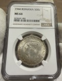 500 Lei 1944 Argint, Romania, NGC MS64, Apostrof R'OMANIA