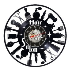 Ceas de perete decorativ realizat din disc de vinil, Model Hair Salon, Ustensile Coafura si Cosmetice, Text Hair Salon, Negru Premium, 30 cm