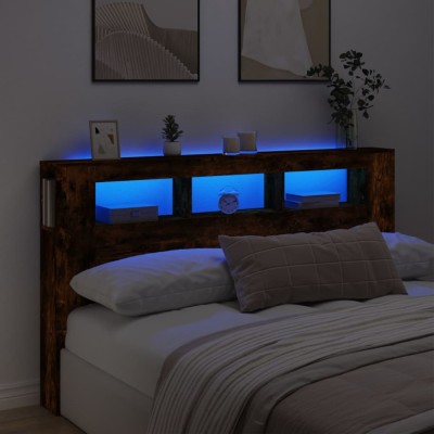 Gossi tablie de pat cu led, stejar fumuriu, 180x18,5x103,5 cm, lemn foto