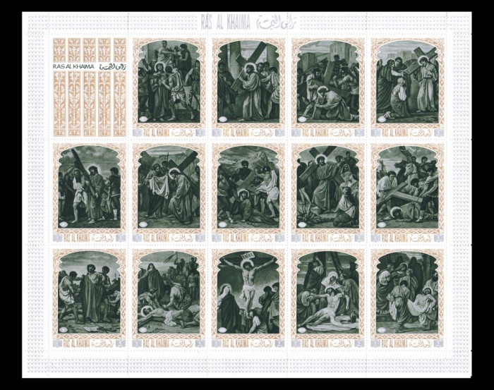 ✅Ras Al Khaima 1972 &quot; Patimile lui Isus&quot;,bloc 14v. ,Mi. 687/700A cota 25&euro; ,MNH