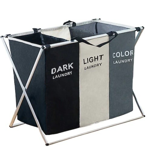 Cos de rufe, din material textil si cadru de aluminiu, cu 3 compartimente, negru/gri