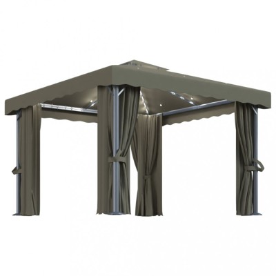 Pavilion cu perdea &amp;amp; sir de lumini LED, gri taupe, 3x3 m foto