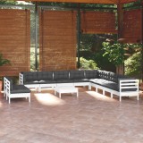 Gossi set mobilier gradina cu perne, 12 piese, alb, lemn masiv pin