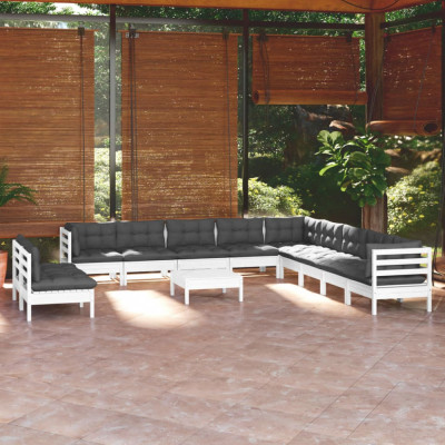 vidaXL Set mobilier grădină cu perne, 12 piese, alb, lemn masiv pin foto