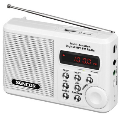 Radio portabil Sencor, 2 W RMS, FM 88 - 108 Mhz, USB, antena telescopica, slot Micro SD, jack 3.5 mm, acumulator, Alb foto