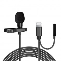Microfon lavaliera lightning, jack 3.5mm, reducerea zgomotului, clip pentru guler, metalic, black