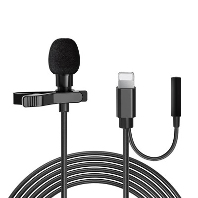 Microfon lavaliera lightning, jack 3.5mm, reducerea zgomotului, clip pentru guler, metalic, black foto