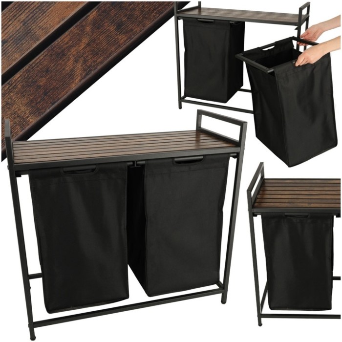 Cos mare de rufe cu doua compartimente, cu raft si blat din lemn, model LOFT,