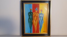 PICTURA, TABLOU MODERN ,&quot;FETE CU PALARII&quot; , 45x55cm, PICTOR ROMAN CONSACRAT,