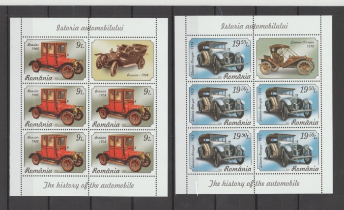 ROMANIA 2023 ISTORIA AUTOMOBILULUI (I) Minicoala cu 5 timbre + 1 vinieta LP.2402 MNH**