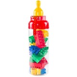 Set cuburi de construit pentru copii cu recipient biberon de depozitare, 25 bucati, Plastic, Multicolor, 1 an, 10x35 cm, Oem