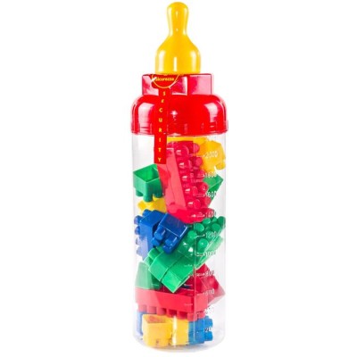 Set cuburi de construit pentru copii cu recipient biberon de depozitare, 25 bucati, Plastic, Multicolor, 1 an, 10x35 cm foto