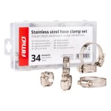 Set coliere de strangere cu melc AMiO, 34 buc, 6 dimensiuni, din otel inoxidabil, pentru furtunuri, conducte si tevi, utilizare auto, hidraulica,