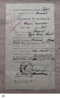 Certificat de alegator Bucuresti 1919 foto
