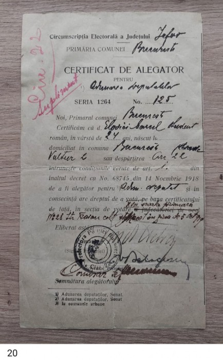 Certificat de alegator Bucuresti 1919
