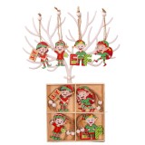 Set 12 decoratiuni de craciun din lemn, flippy, cu snur pentru agatare in brad, model elfi diferite dimensiuni, 4 modele, multicolor