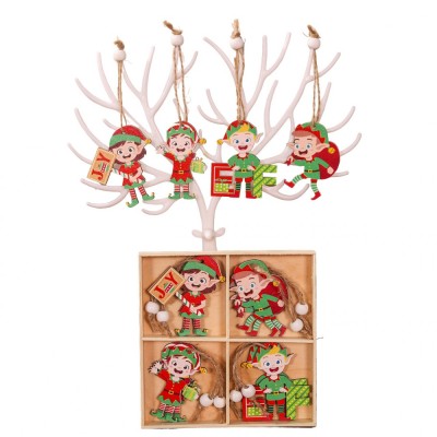 Set 12 decoratiuni de craciun din lemn, flippy, cu snur pentru agatare in brad, model elfi diferite dimensiuni, 4 modele, multicolor foto