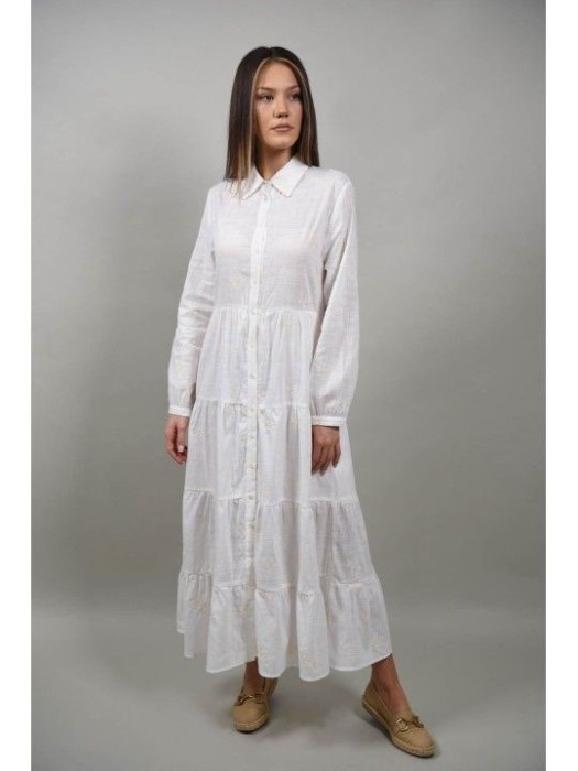 ROCHIE BOHO CHIC LUNGA TIP CAMASA DIN BUMBAC OPALARA Alb M-L