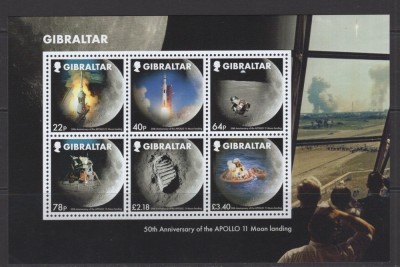 Gibraltar, 2019, spatiu, a 50-a aniversare a misiunii Apollo, bloc, nominal 7.62 lire, pret 40% din nominal foto