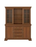 Set comoda living si dormitor, VM3, 4 sertare, 2 usi si vitrina suprapozabila VMN4, 2 usi, 2 polite, Pal melaminat, cu insertii MDF, Nuc
