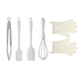 Set 5 Ustensile de Bucatarie, Cyrax, din Silicon+Inox, Termorezistente, Antiaderente, 28 x 26 x 2 cm, Alb Ivory