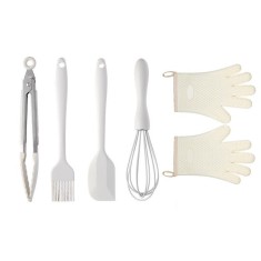 Set 5 Ustensile de Bucatarie, Cyrax, din Silicon+Inox, Termorezistente, Antiaderente, 28 x 26 x 2 cm, Alb Ivory