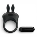 Inel pentru penis PRETTY LOVE Davion Rabbit, cu vibrator bullet inclus, din silicon, diametru 3 cm, negru