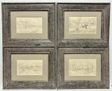 Set 4 Tablouri Miniaturale Toader Schipor, Peisaje Bucovinene anul 1959, grafică &icirc;n cărbune creion, &icirc;nrămate 22x27cm