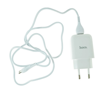 Set incarcator cu un port USB, de retea, cu cablu micro USB lungime 1m, 5V, 2.1A, Hoco N2 72885, alb foto