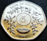 Cumpara ieftin Moneda exotica 5 SHILLINGS - UGANDA, anul 1987 * cod 1658 B = UNC, Africa
