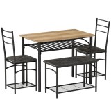 HOMCOM Set de dining 4 piese, masă de bucătărie &icirc;n stil industrial cu 2 scaune și bancă pentru 4 persoane, scaune tapițate cu piele PU, maro | Aosom R