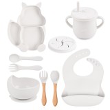 Set 10 piese diversificare bebelusi si copii din silicon flippy, baveta, farfurie compartimentata cu ventuza, bol cu ventuza, tacamuri din lemn si sil
