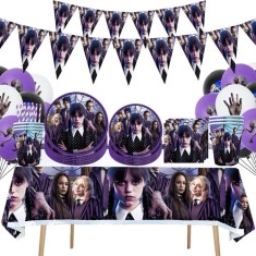 Set 66 piese vesela petrecere Wednesday pentru 10 copii, decorarea completa a mesei + 24 baloane, Mov