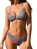 Bikini triunghi &icirc;n două piese cu finisaje contrastante, talie &icirc;naltă - Roșu/Floral M