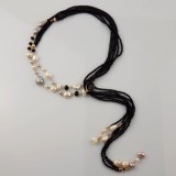 Colier Siren agat negru &amp; perle apa dulce, argint 925 placat aur roz, lung 130cm, handmade Italia, cutie cadou