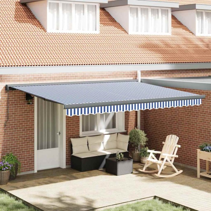 Copertină retractabilă albastru/alb, 4x3 m, textil/aluminiu