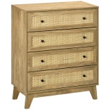 HOMCOM C&oacute;moda cu 4 Sertare Comoda de Lemn cu Fronturi de Ratan Stil Cannage pentru Dormitor 80x35x95 cm Natural | Aosom Romania