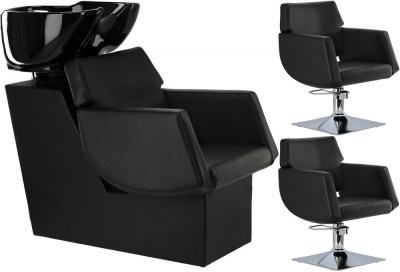 Set Scafă de coafură model Chloe + 2x scaune de coafură pivotante hidraulice cu bol ceramic mobil și foto
