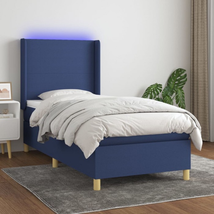 vidaXL Pat cu arcuri, saltea și LED, albastru, 90x200 cm, textil 3138691