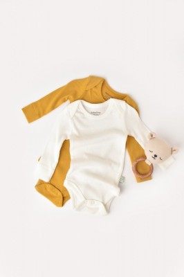 Set 2 body-uri cu maneca lunga bebe unisex din bumbac organic si modal - Mustar/Ecru, BabyCosy (Marime: 9-12 luni) foto