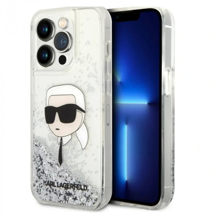 Husa Karl Lagerfeld Liquid Glitter Karl Head iPhone 15 Pro Max Silver