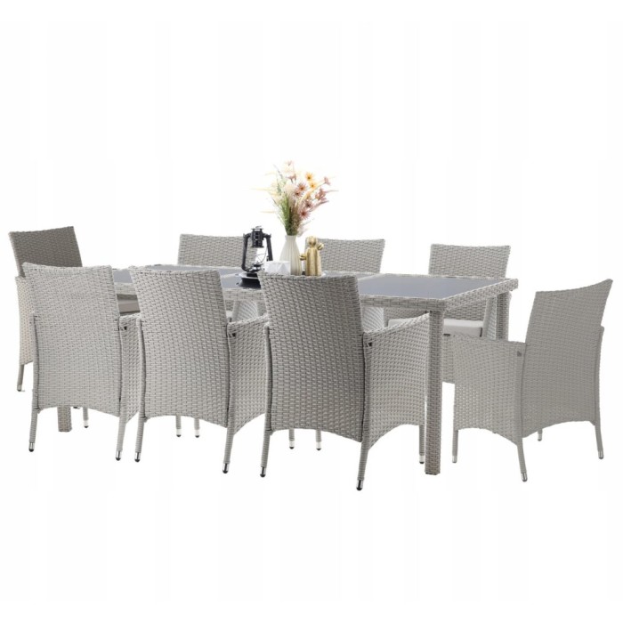 Set mobilier gradina/terasa, gri, ratan sintetic, 1 masa, 8 fotolii, Locarno
